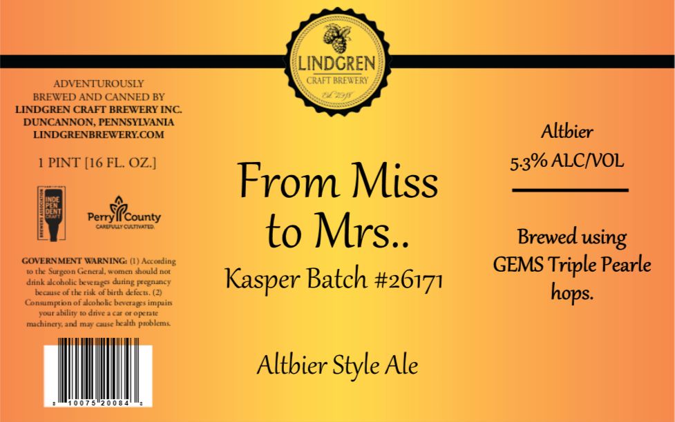 From Miss to Mrs... Kasper Batch #26171 label